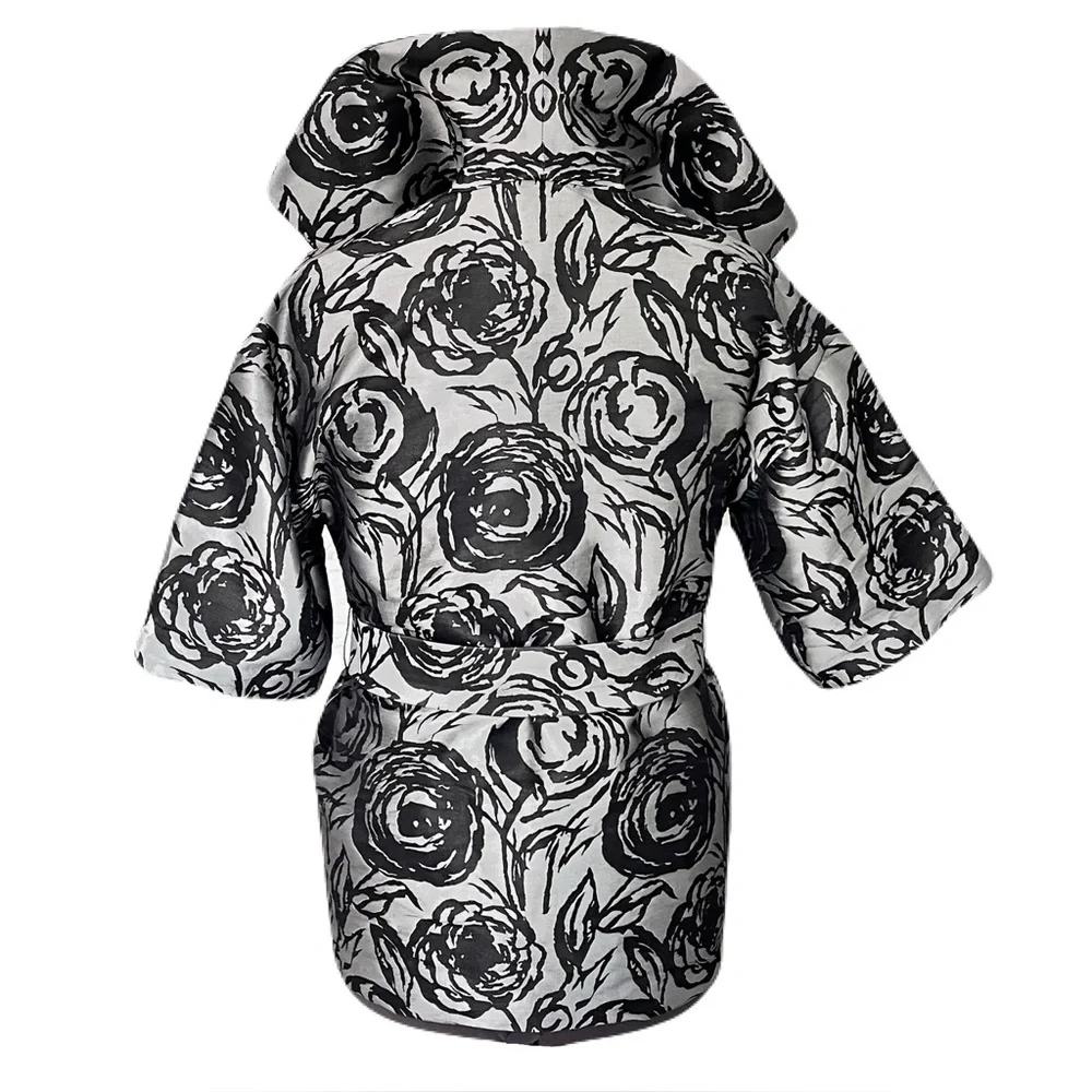 St. John Silver and Black Silk Blend Floral Wrap Belted Kimono Jacket, Size 6